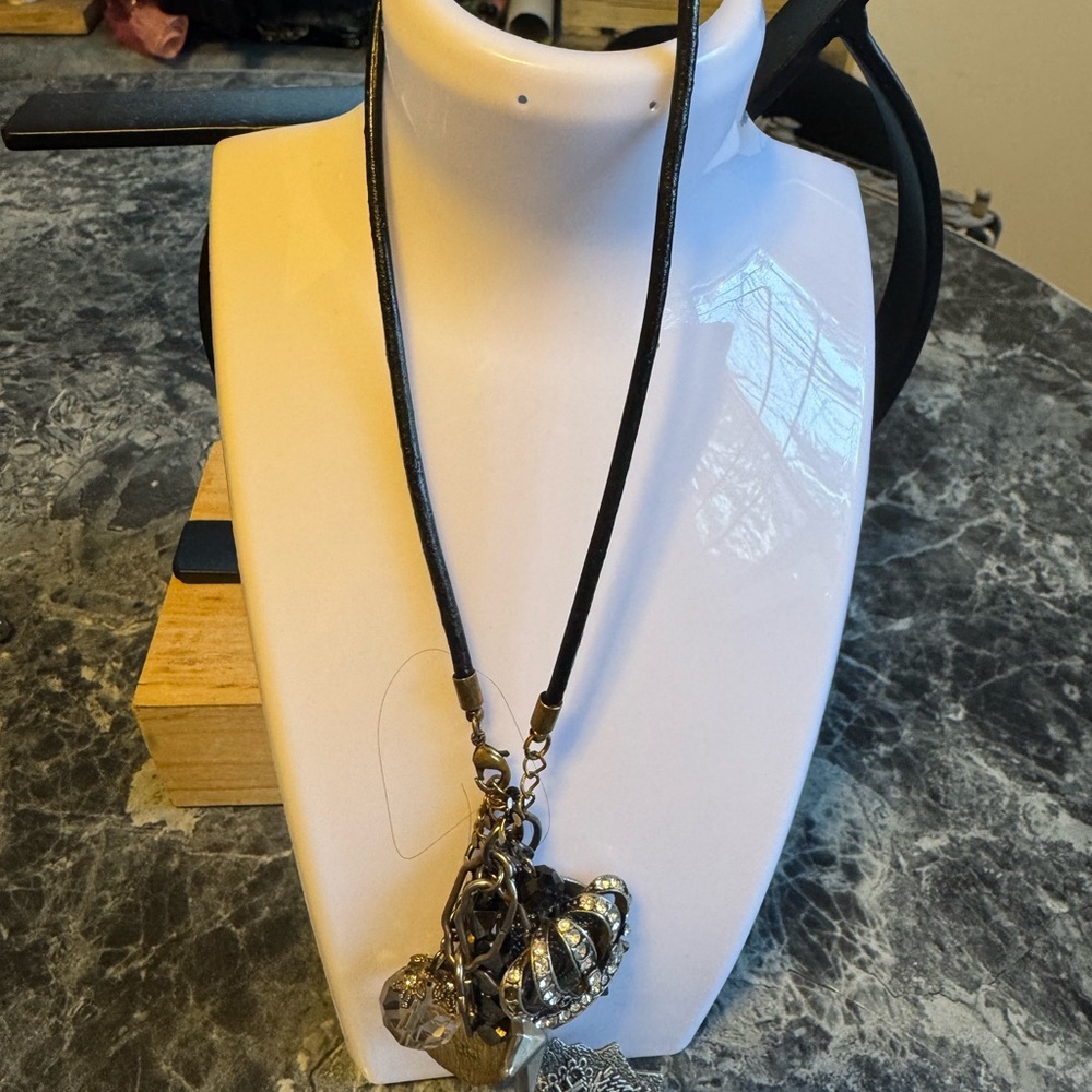 Black Leather Cord Necklace with Decorative Pendant